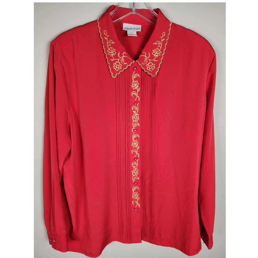 Aparenza Women Red Embroidered Long‎ Sleeve Button Front Shirt Blouse XL Holiday
